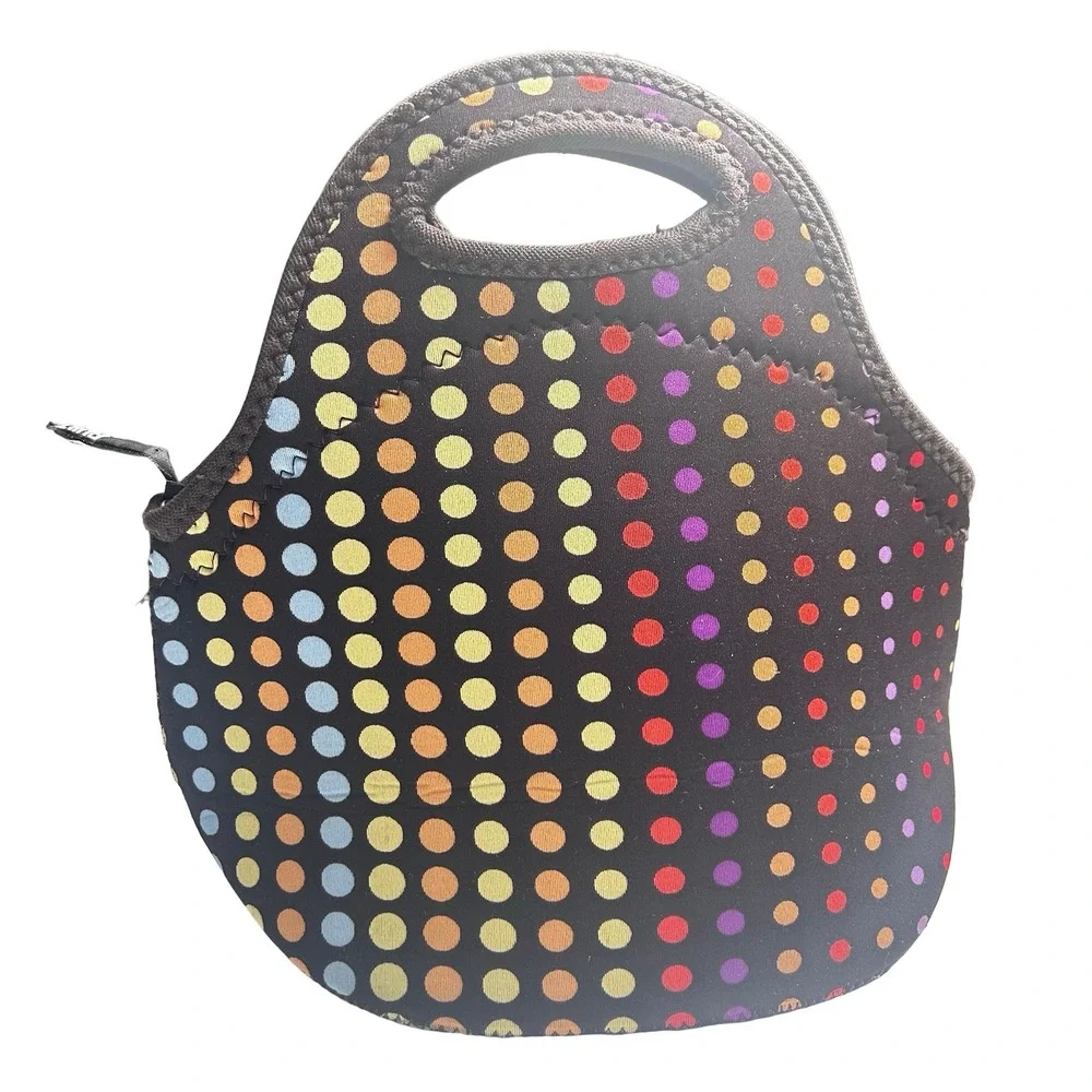 BUILT NY Gourmet Getaway Neoprene Lunch Tote Brown Rainbow Polka‎ Dot
